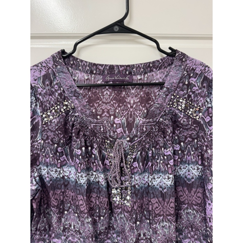 Gloria Vanderbilt Purple Tunic Blouse 1X Tassel Tie Beaded Cotton Plus Size